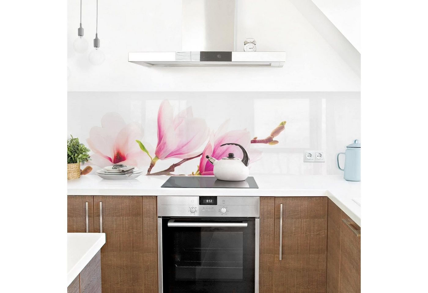 Bilderdepot24 Küchenrückwand rosa dekor Blumen Wandpaneel Küche Zarter Magnolienzweig, (1-tlg., Nischenrückwand - für Fliesenspiegel ohne Bohren - matt), Spritzschutz Rückwand Küche Herd - Folie selbstklebend versch. Größen Bild 3