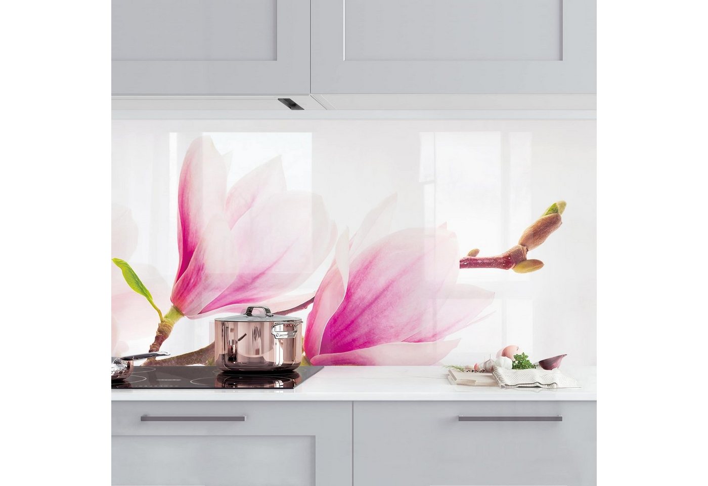 Bilderdepot24 Küchenrückwand rosa dekor Blumen Wandpaneel Küche Zarter Magnolienzweig, (1-tlg., Nischenrückwand - für Fliesenspiegel ohne Bohren - matt), Spritzschutz Rückwand Küche Herd - Folie selbstklebend versch. Größen Bild 4