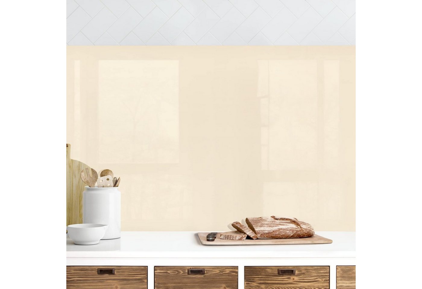 Bilderdepot24 Küchenrückwand beige dekor einfarbig Wandpaneel Crème Wandverkleidung Küche, (1-tlg., Nischenrückwand - für Fliesenspiegel ohne Bohren - matt), Spritzschutz Rückwand Küche Herd - Folie selbstklebend versch. Größen