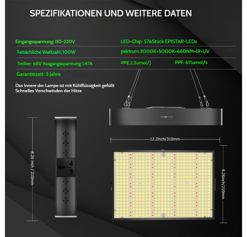 QUBEBU Pflanzenlampe 572LED-Pflanzenlampe 100W Vollspektrum Grow Lampe Pflanzenlicht Indoor, 100W, LED fest integriert, Vollspektrum Pflanzenlicht, Cannabis Grow Lampe, Dualmodus: Einstellbarer Wachstums-/Blütezeitmodus Bild 5