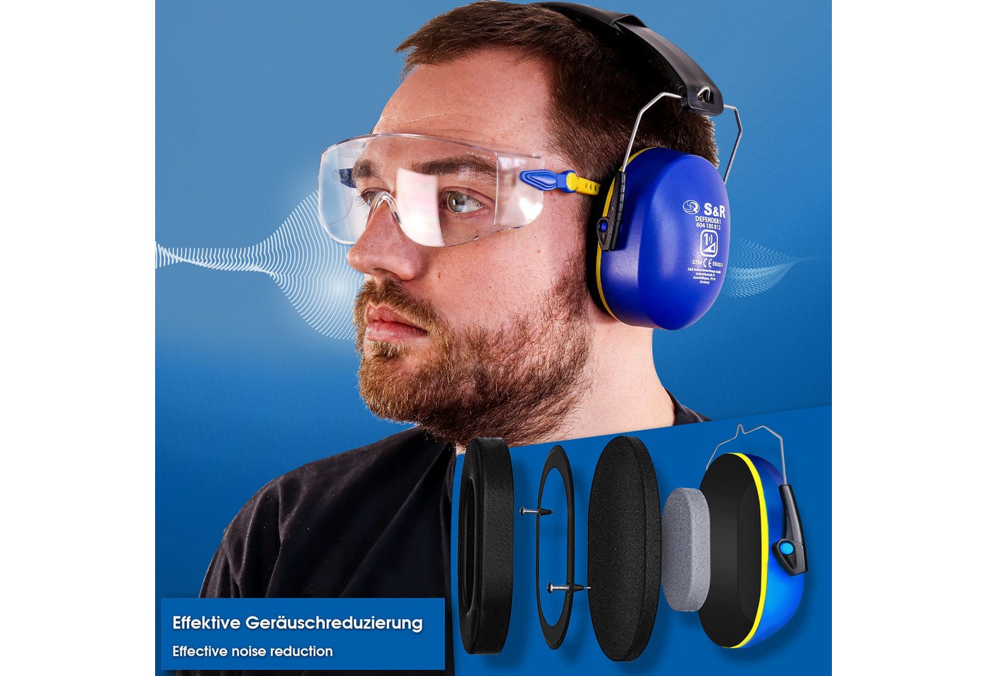 S&R Kapselgehörschutz DEFENDER II, Professioneller Gehörschutz, verstellbar, gepolstert, (1 St), zertifizierter Arbeitsschutz, robuster Lärmschutz für diverse Zwecke