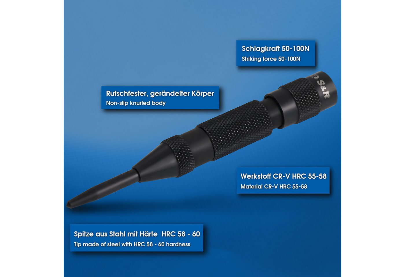 S&R Reißnadel Automatischer Ankörner 50-100 N, 130 mm, Federkörner, Cr-V, (2-St), langlebige Vollmetall-Ausführung, für Metall, Holz, Stein, Kunststoff Bild 2