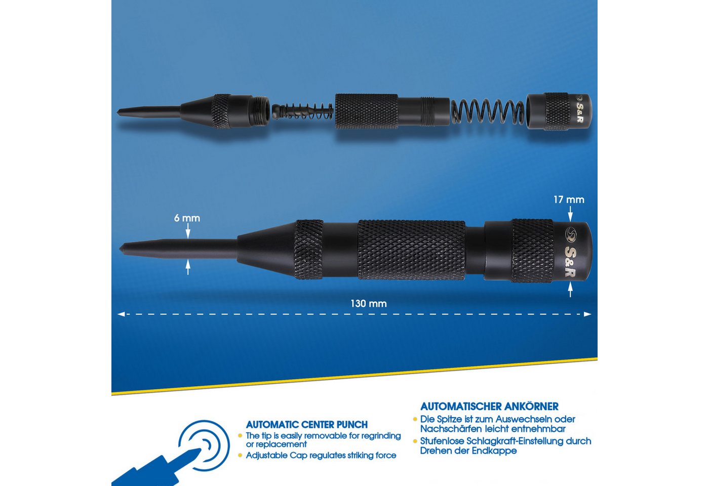 S&R Reißnadel Automatischer Ankörner 50-100 N, 130 mm, Federkörner, Cr-V, (2-St), langlebige Vollmetall-Ausführung, für Metall, Holz, Stein, Kunststoff Bild 5