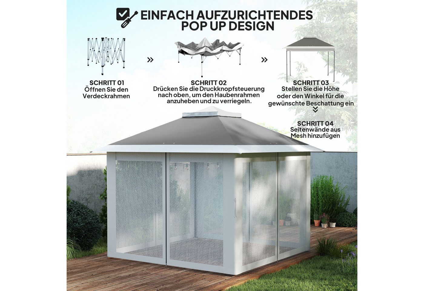 Outsunny Faltpavillon Pavillon 3,3x3,3m wasserabweisend Winterfest Pop-up mit Doppeldach, mit 4 Seitenteilen, (Pavillon, Partyzelt), für Camping Garten Dunkelgrau