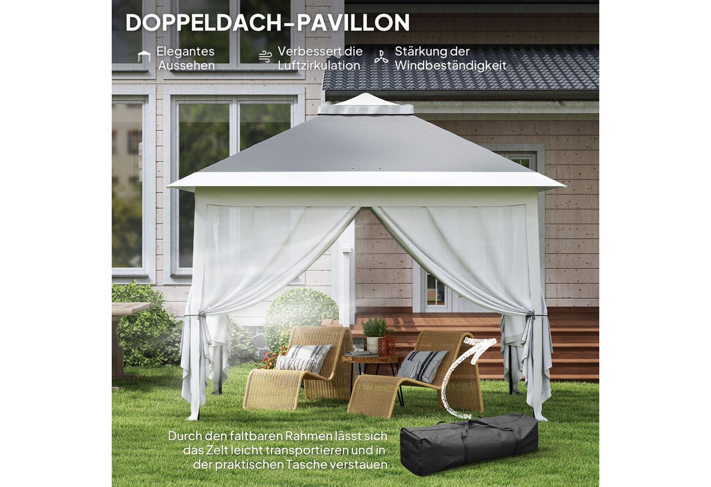 Outsunny Faltpavillon Pavillon 3,3x3,3m wasserabweisend Winterfest Pop-up mit Doppeldach, mit 4 Seitenteilen, (Pavillon, Partyzelt), für Camping Garten Dunkelgrau Bild 2