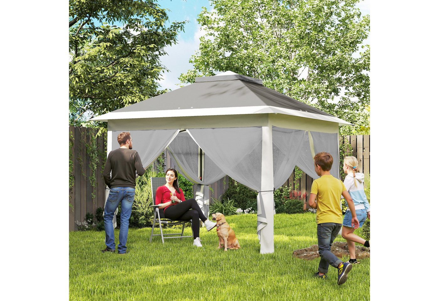 Outsunny Faltpavillon Pavillon 3,3x3,3m wasserabweisend Winterfest Pop-up mit Doppeldach, mit 4 Seitenteilen, (Pavillon, Partyzelt), für Camping Garten Dunkelgrau Bild 3