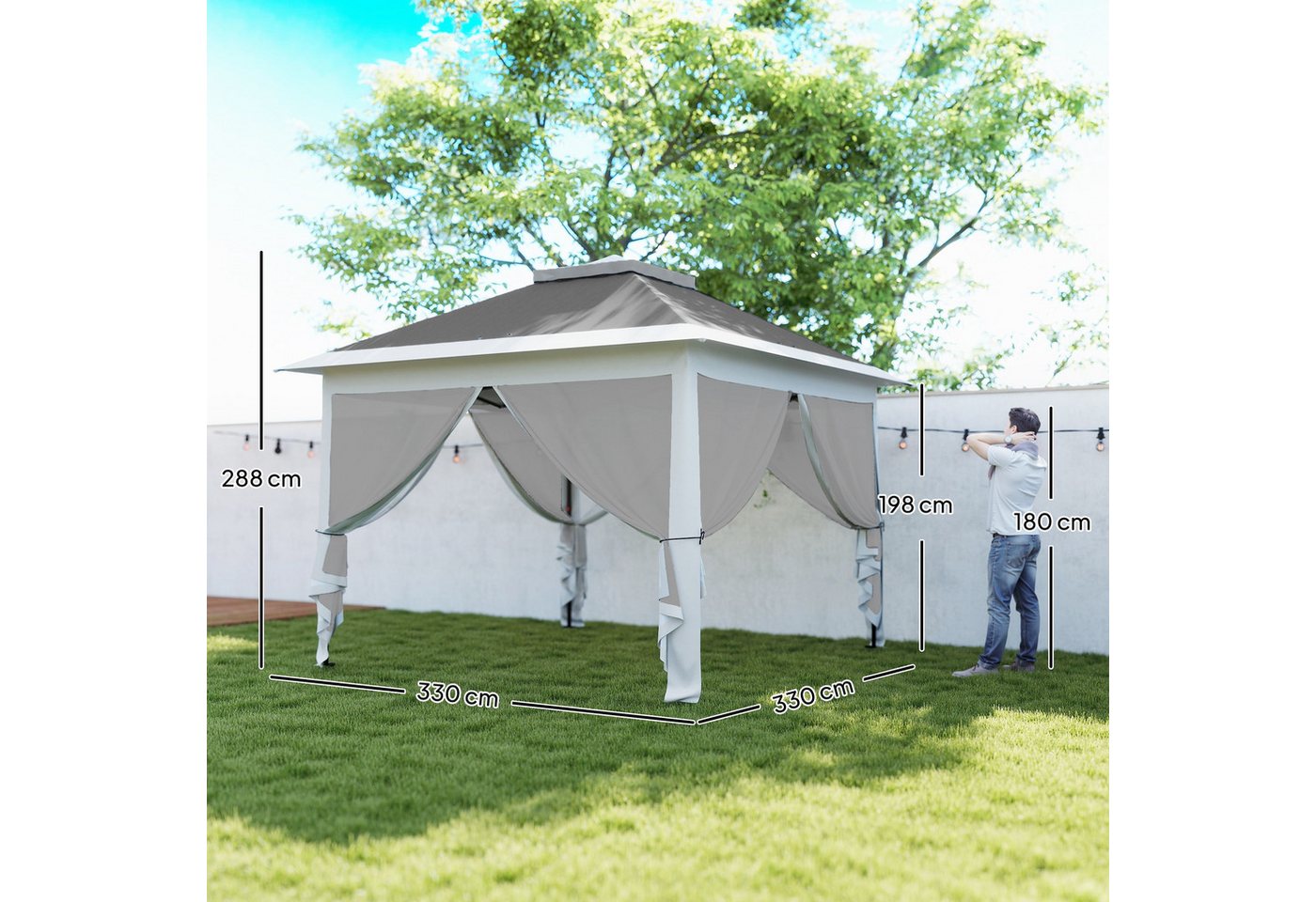 Outsunny Faltpavillon Pavillon 3,3x3,3m wasserabweisend Winterfest Pop-up mit Doppeldach, mit 4 Seitenteilen, (Pavillon, Partyzelt), für Camping Garten Dunkelgrau Bild 5