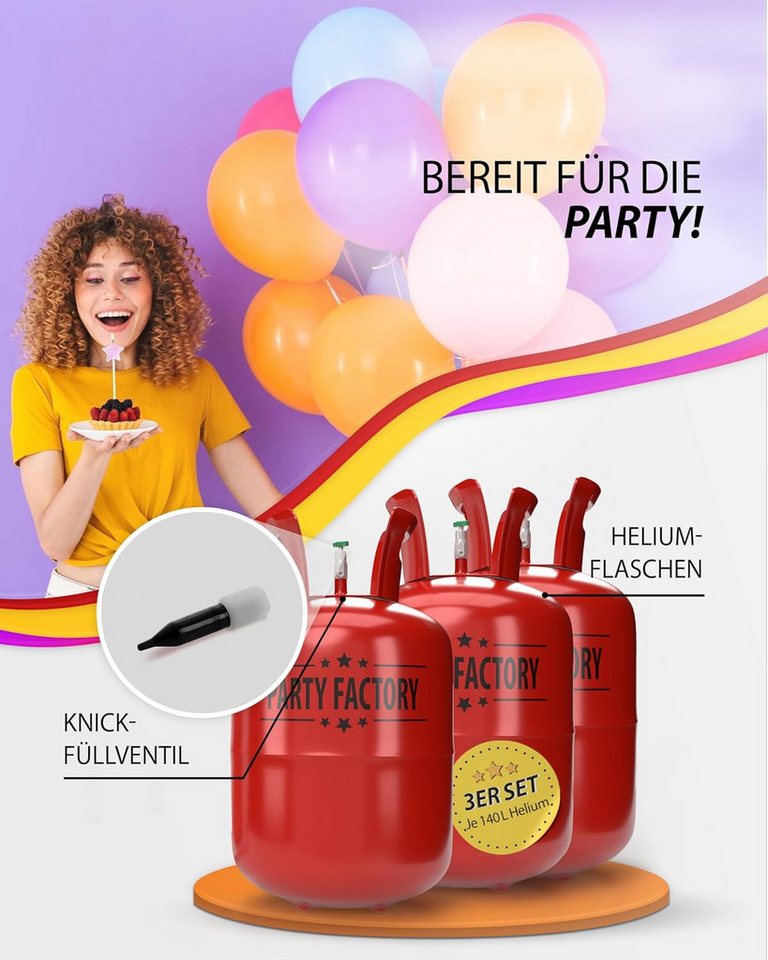Party Factory Helium Ballongas Set mit 3 Heliumflaschen für je 20 Ballons, je 140l, Ballongas, Helium, Heliumgas, Helium Ballongas