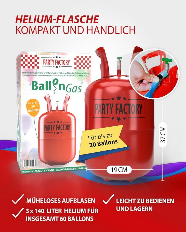 Party Factory Helium Ballongas Set mit 3 Heliumflaschen für je 20 Ballons, je 140l, Ballongas, Helium, Heliumgas, Helium Ballongas Bild 5