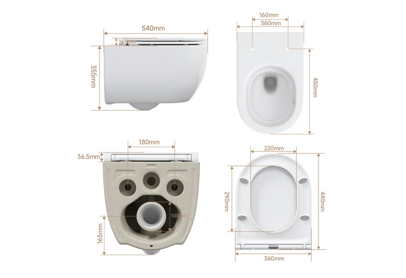 HOROW Tiefspül-WC Wand WC Spülrandlos, Hänge WC Keramik, Toilette inkl. Toilettendeckel, wandhangend , Abgang waagerecht, WC 54×36×35,5cm, 360° Einloch Spülung Flachspül-WC mit Soft-Close Bild 4