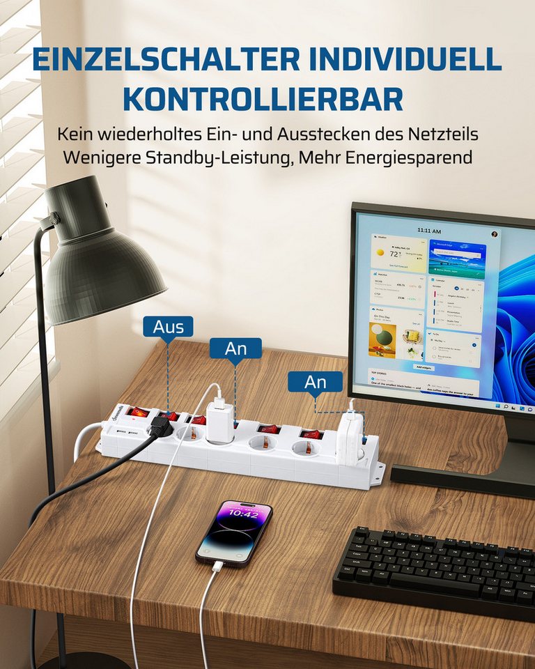 DEWENWILS Steckdosenleiste 6-fach (einzeln schaltbar, USB-Anschlüsse, Kindersicherung, Überspannungsschutz, Kabellänge 3 m), Mehrfachsteckdose mit USB, 16A/3680W