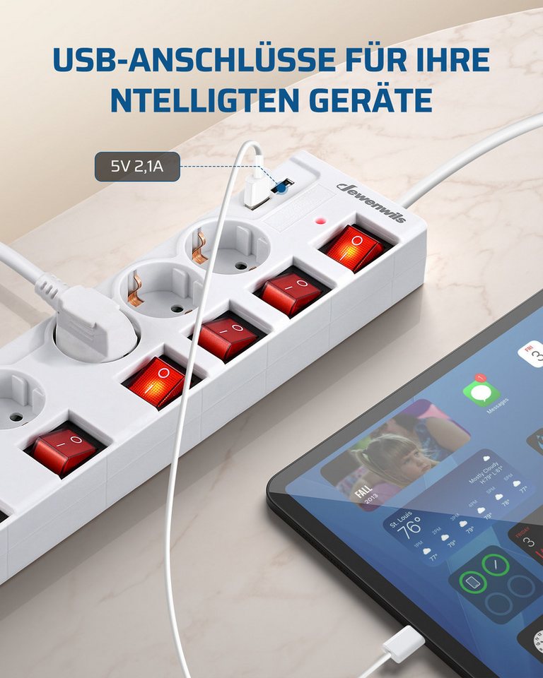 DEWENWILS Steckdosenleiste 6-fach (einzeln schaltbar, USB-Anschlüsse, Kindersicherung, Überspannungsschutz, Kabellänge 3 m), Mehrfachsteckdose mit USB, 16A/3680W Bild 2
