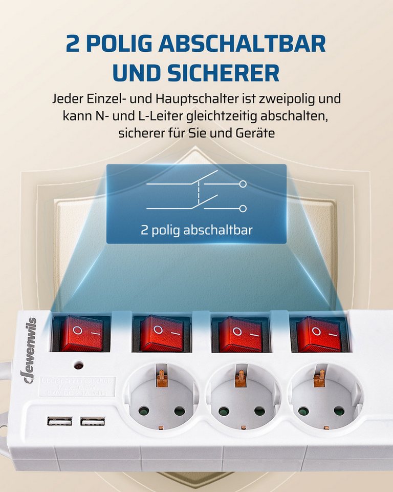 DEWENWILS Steckdosenleiste 6-fach (einzeln schaltbar, USB-Anschlüsse, Kindersicherung, Überspannungsschutz, Kabellänge 3 m), Mehrfachsteckdose mit USB, 16A/3680W Bild 4