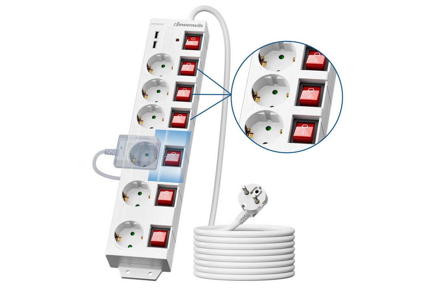 DEWENWILS Steckdosenleiste 6-fach (einzeln schaltbar, USB-Anschlüsse, Kindersicherung, Überspannungsschutz, Kabellänge 3 m), Mehrfachsteckdose mit USB, 16A/3680W Bild 5