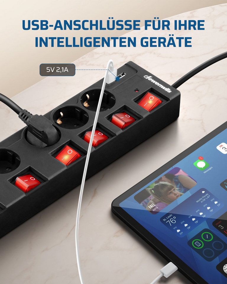 DEWENWILS Steckdosenleiste 6-fach (einzeln schaltbar, USB-Anschlüsse, Kindersicherung, Überspannungsschutz, Kabellänge 2 m), Mehrfachsteckdose mit USB, 16A/3680W Bild 2