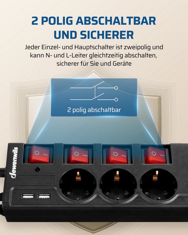 DEWENWILS Steckdosenleiste 6-fach (einzeln schaltbar, USB-Anschlüsse, Kindersicherung, Überspannungsschutz, Kabellänge 2 m), Mehrfachsteckdose mit USB, 16A/3680W Bild 4