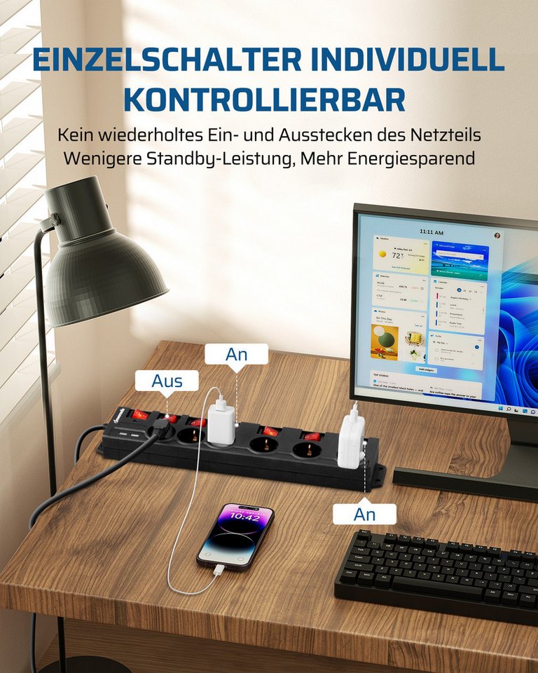 DEWENWILS Steckdosenleiste 6-fach (einzeln schaltbar, USB-Anschlüsse, Kindersicherung, Überspannungsschutz, Kabellänge 2 m), Mehrfachsteckdose mit USB, 16A/3680W Bild 5