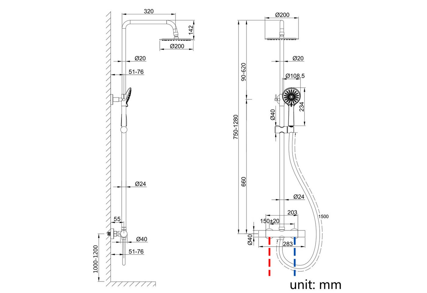 Aica Sanitär Duschsystem Rund-Regendusche Thermostat Duschset mit Handbrause, 3 Strahlart(en) Bild 2