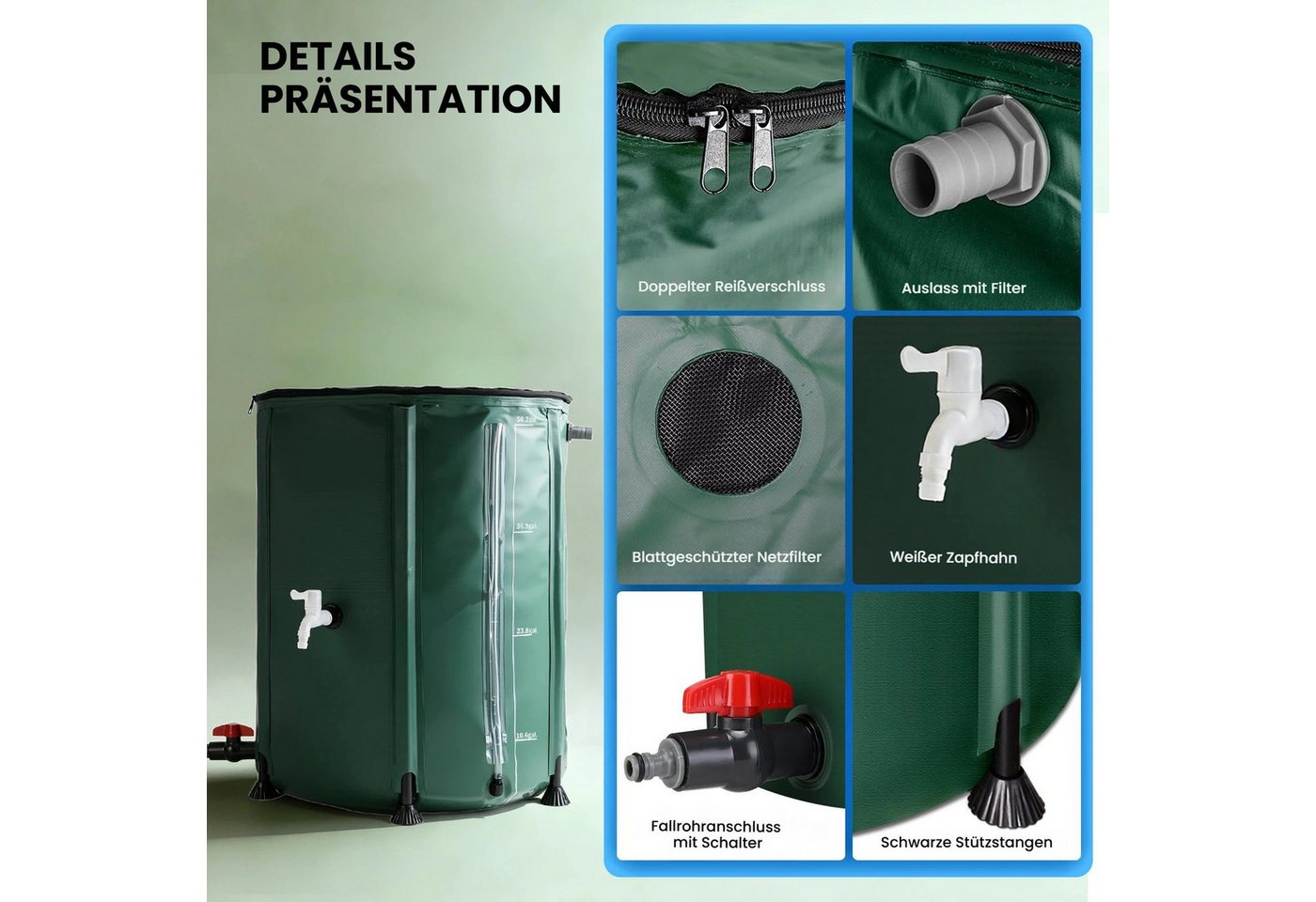 NACATIN Regentonne faltbare Regenwassertonne 200L, Regenwassertank, 200 l, (1-tlg), Regenwassersammler mit Deckel, Hahn & Überlaufschutz, wetterfest