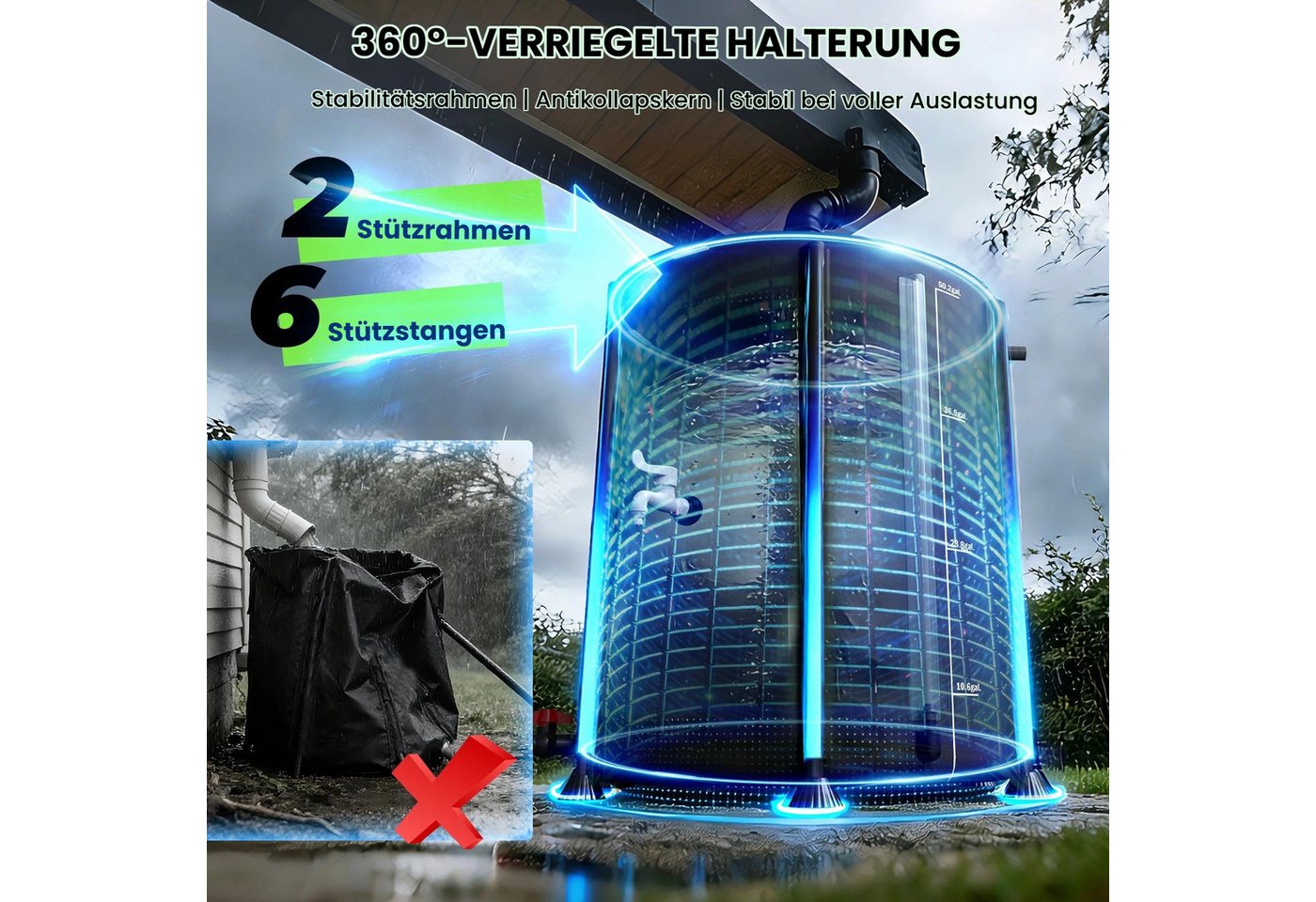 NACATIN Regentonne faltbare Regenwassertonne 200L, Regenwassertank, 200 l, (1-tlg), Regenwassersammler mit Deckel, Hahn & Überlaufschutz, wetterfest Bild 2