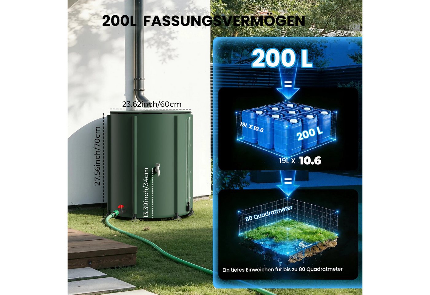 NACATIN Regentonne faltbare Regenwassertonne 200L, Regenwassertank, 200 l, (1-tlg), Regenwassersammler mit Deckel, Hahn & Überlaufschutz, wetterfest Bild 3