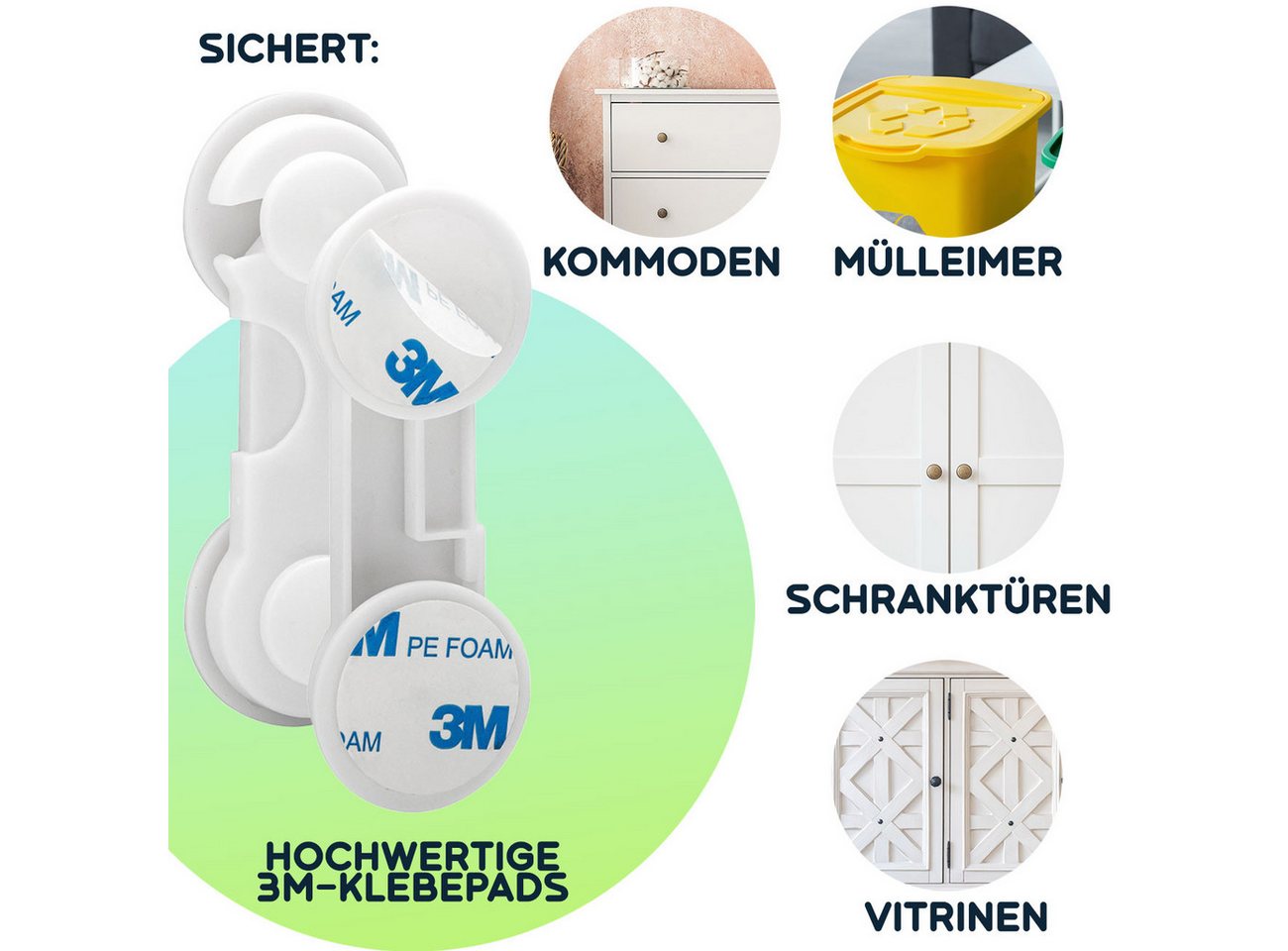 Casativo Kindersicherung Baby-Sicherungen klebend (10er-Set) für Schrank & Schublade, weiss, einfach ankleben - ganz ohne Werkzeug