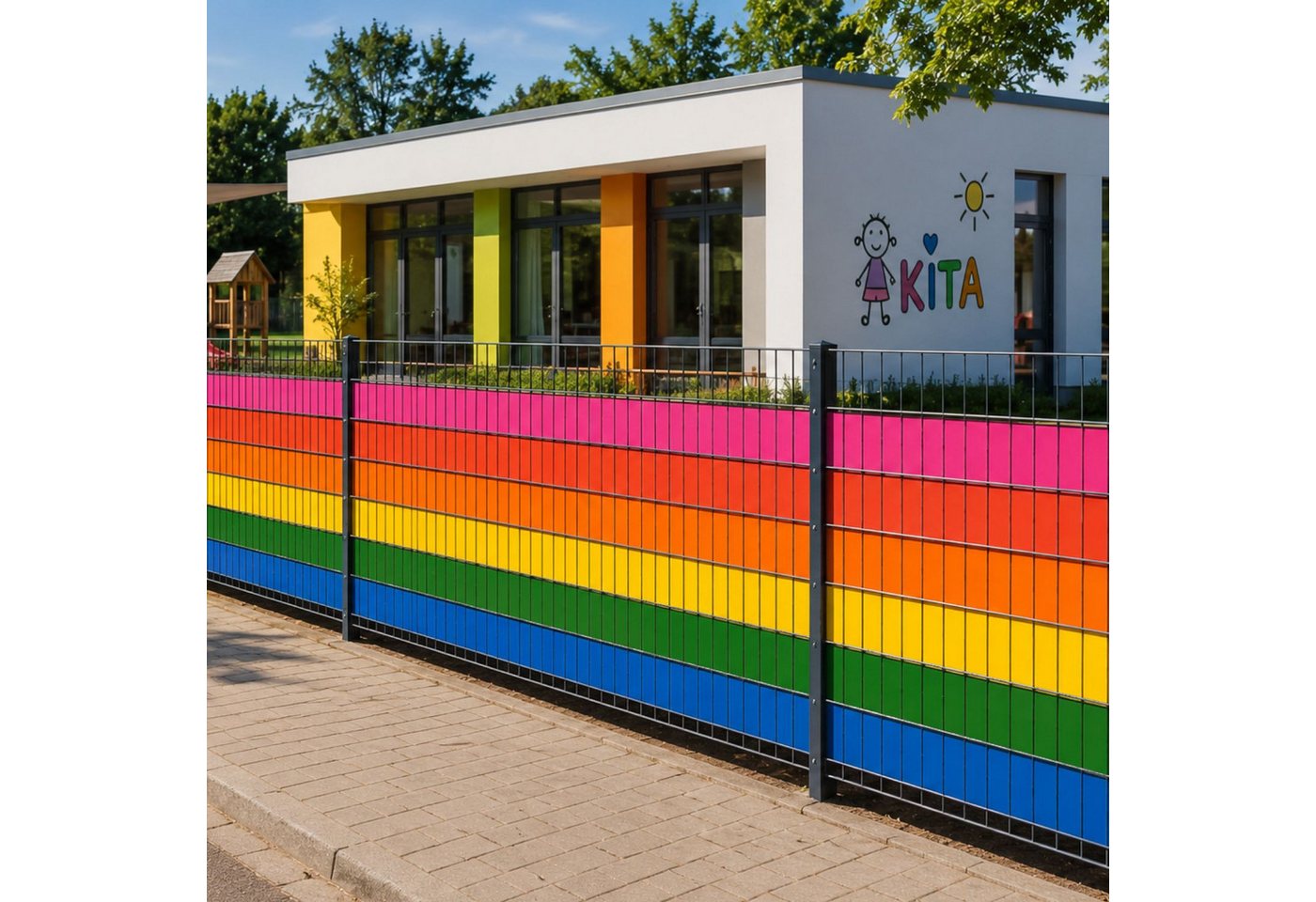 zaunzu Sichtschutzstreifen PREMIUM Kita-Set Regenbogen, (6 Streifen, genarbte Oberfläche, UV-beständiger Sichtschutz), 5 Jahre garantierte Farbechtheit Bild 4