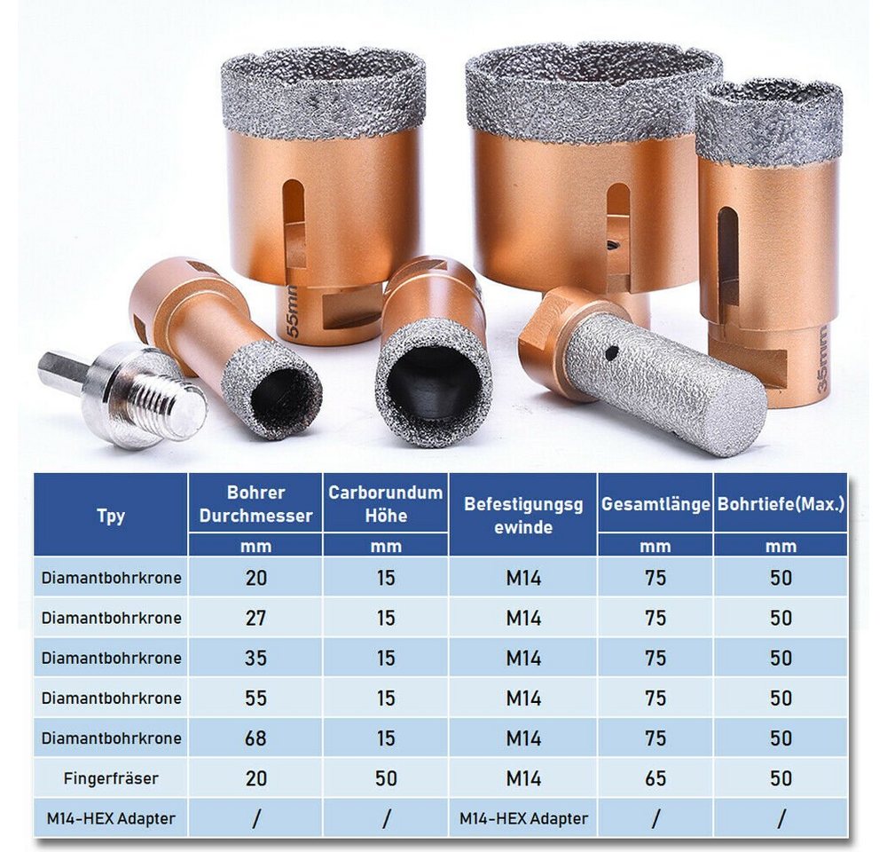 XERSEK Bohrkrone 8in1 20-68mm M14 Lochsäge Set Diamantbohrer Diamant Fliesenbohrer, Nass+Trocken Hohlbohrer Kernbohrer, 8-tlg., Diamantbohrkronen Winkelschleifer Feinsteinzeug, mit 125mm Diamantscheibe