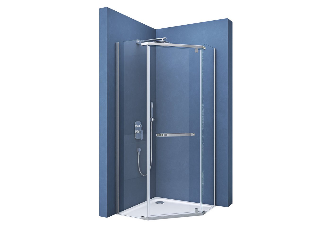 doporro Fünfeckdusche Duschkabine ESG-Glas Klarglas Easy-Clean-Beschichtung H:195cm Rav08K, BxT: 80x80 cm, Einscheibensicherheitsglas, mit Pendeltür, Stabilisatoren aus Edelstahl Bild 2