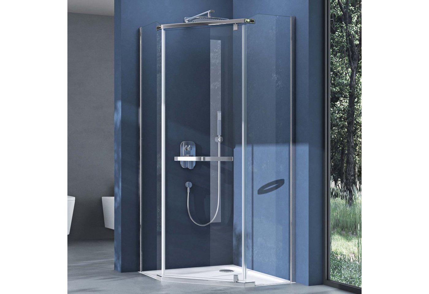 doporro Fünfeckdusche Duschkabine ESG-Glas Klarglas Easy-Clean-Beschichtung H:195cm Rav08K, BxT: 80x80 cm, Einscheibensicherheitsglas, mit Pendeltür, Stabilisatoren aus Edelstahl Bild 3