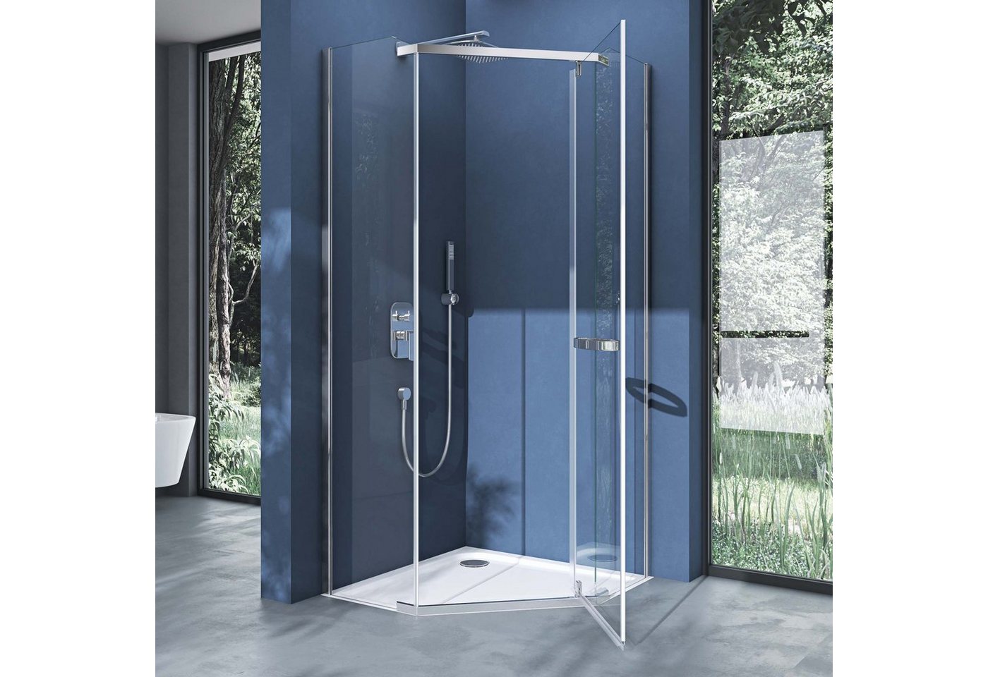 doporro Fünfeckdusche Duschkabine ESG-Glas Klarglas Easy-Clean-Beschichtung H:195cm Rav08K, BxT: 80x80 cm, Einscheibensicherheitsglas, mit Pendeltür, Stabilisatoren aus Edelstahl Bild 5