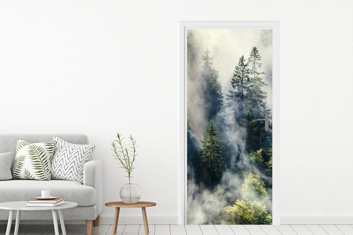 MuchoWow Türtapete Nebelschwaden ziehen durch den Schwarzwald, Matt, bedruckt, (1 St), Selbstklebende Tapete, Folie für Möbel, 75x205 cm