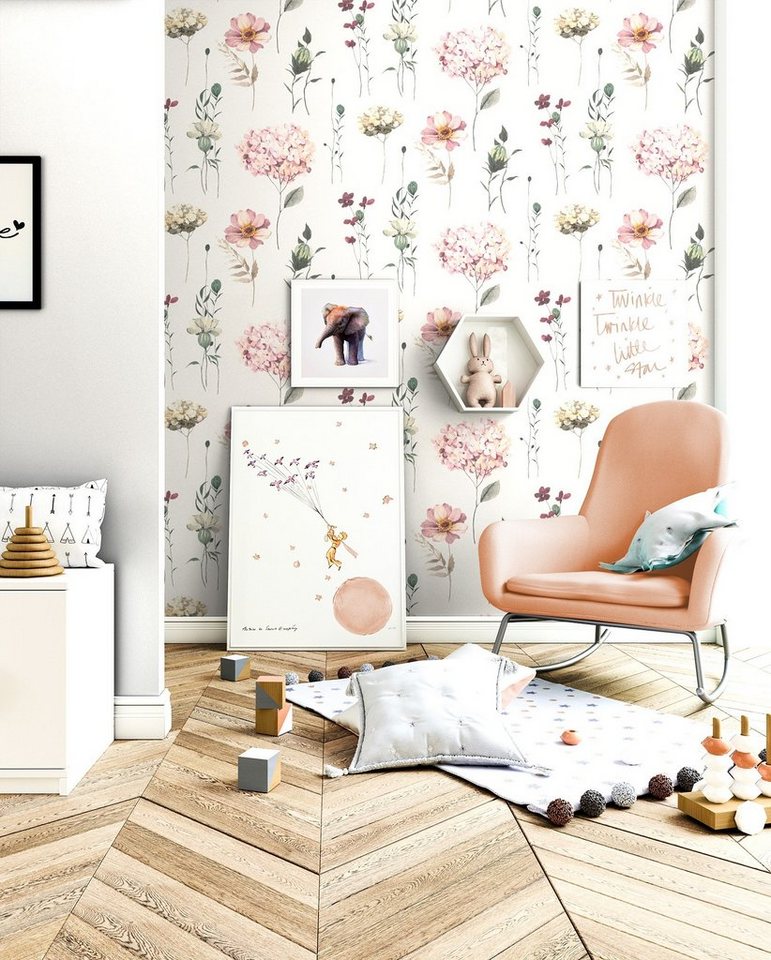 Newroom Vliestapete Graziella Tapete Kindertapete Blumen,Blüten,Hortensien, Rosa Tapete Kinder Blumen - Kindertapete Jugendtapete Rose Grau Verspielt Blüten Hortensien für Kinderzimmer Jugendzimmer Babyzimmer, Jugendtapete