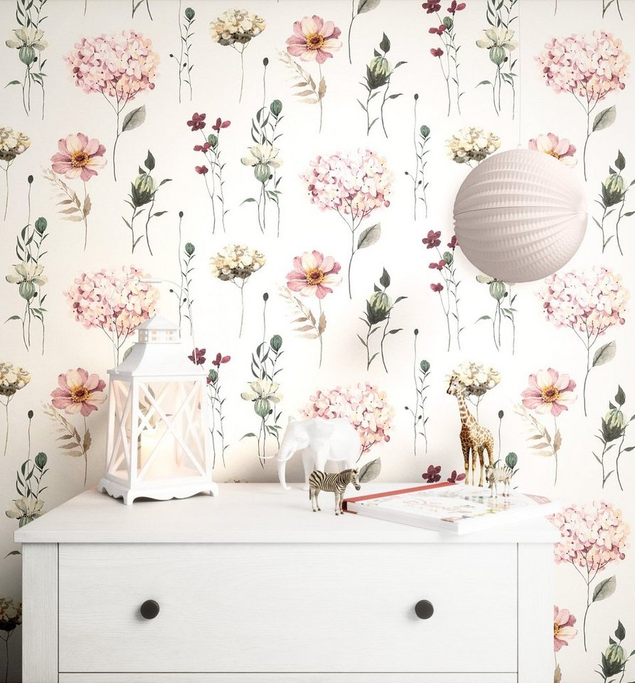 Newroom Vliestapete Graziella Tapete Kindertapete Blumen,Blüten,Hortensien, Rosa Tapete Kinder Blumen - Kindertapete Jugendtapete Rose Grau Verspielt Blüten Hortensien für Kinderzimmer Jugendzimmer Babyzimmer, Jugendtapete Bild 2