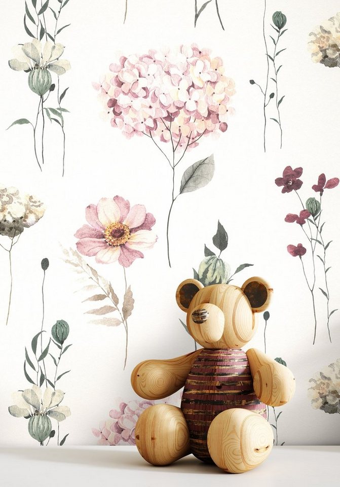 Newroom Vliestapete Graziella Tapete Kindertapete Blumen,Blüten,Hortensien, Rosa Tapete Kinder Blumen - Kindertapete Jugendtapete Rose Grau Verspielt Blüten Hortensien für Kinderzimmer Jugendzimmer Babyzimmer, Jugendtapete Bild 3