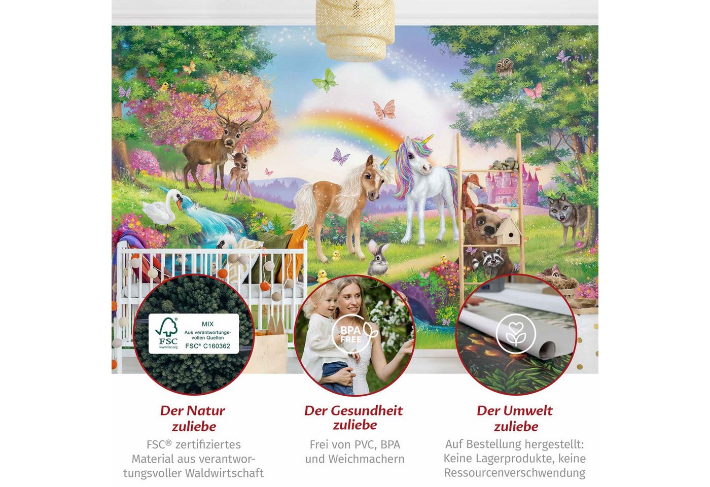 Bilderdepot24 Kindertapete Kinderzimmer Zauberwald mit Einhorn Kinder Wanddeko Regenbogen, Glatt, Matt, (Vliestapete inkl. Kleister oder selbstklebend), Mädchenzimmer Jungenzimmer Babyzimmer Bildtapete Fototapete Wandtapete