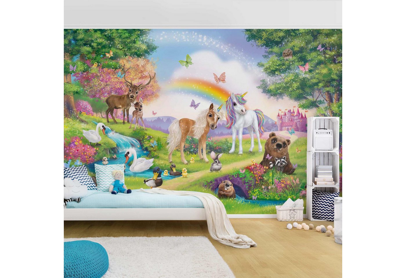 Bilderdepot24 Kindertapete Kinderzimmer Zauberwald mit Einhorn Kinder Wanddeko Regenbogen, Glatt, Matt, (Vliestapete inkl. Kleister oder selbstklebend), Mädchenzimmer Jungenzimmer Babyzimmer Bildtapete Fototapete Wandtapete Bild 2