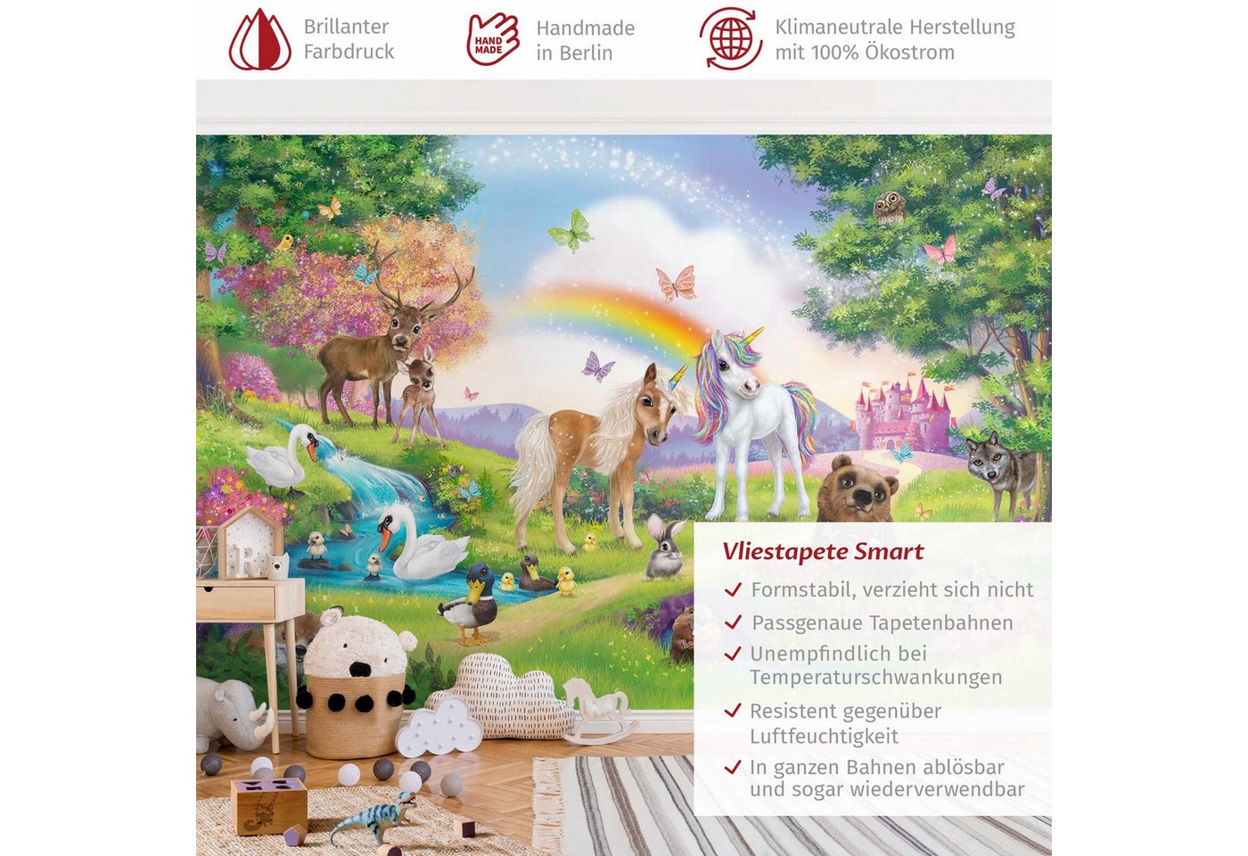 Bilderdepot24 Kindertapete Kinderzimmer Zauberwald mit Einhorn Kinder Wanddeko Regenbogen, Glatt, Matt, (Vliestapete inkl. Kleister oder selbstklebend), Mädchenzimmer Jungenzimmer Babyzimmer Bildtapete Fototapete Wandtapete Bild 3