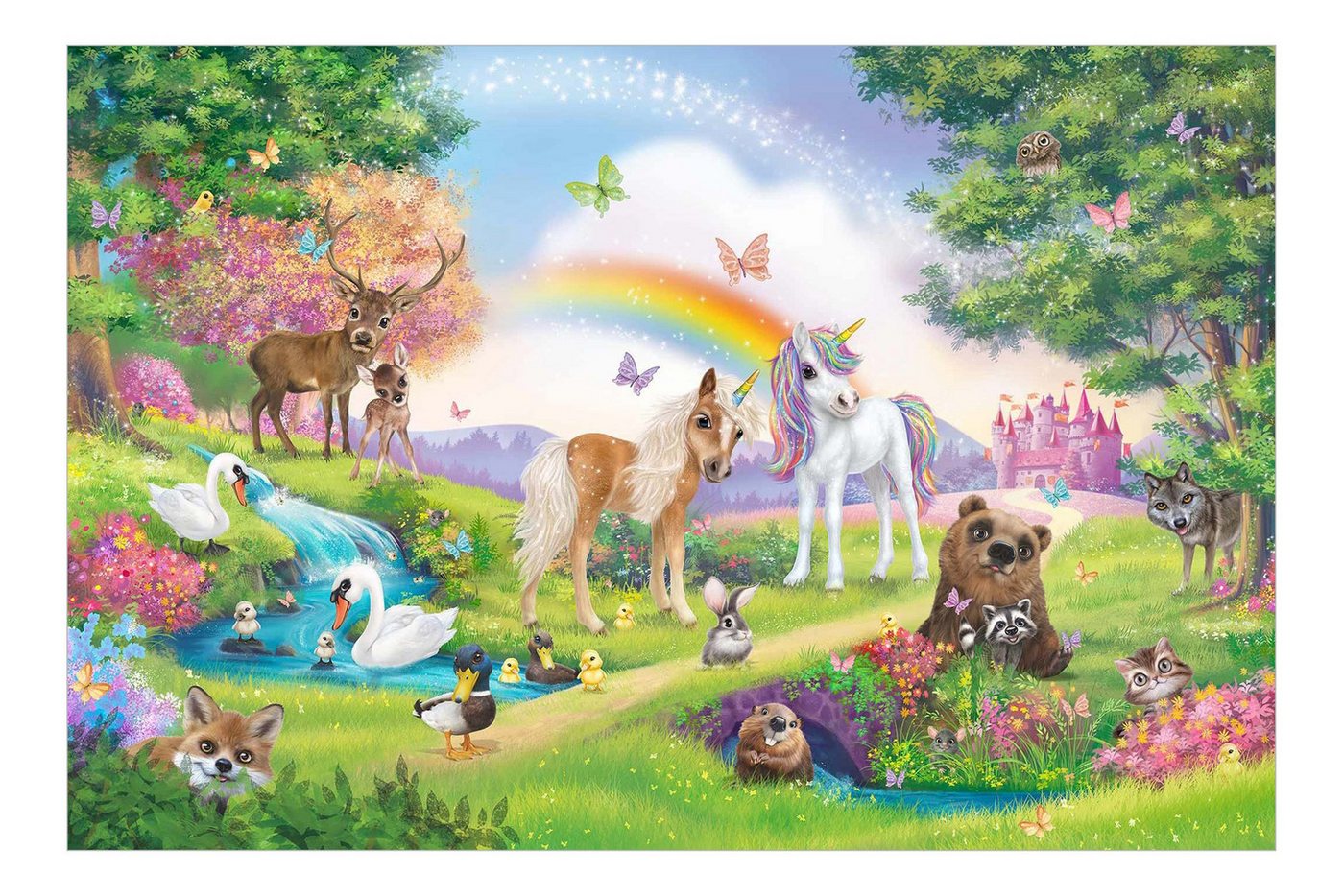Bilderdepot24 Kindertapete Kinderzimmer Zauberwald mit Einhorn Kinder Wanddeko Regenbogen, Glatt, Matt, (Vliestapete inkl. Kleister oder selbstklebend), Mädchenzimmer Jungenzimmer Babyzimmer Bildtapete Fototapete Wandtapete Bild 5