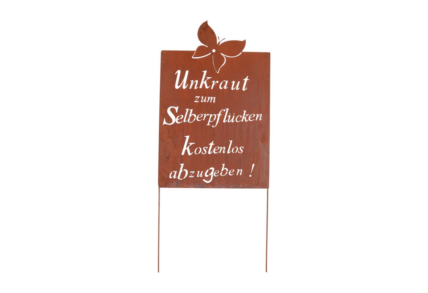 UNUS GARDEN Gartenstecker Roststecker Schild Spruch Unkraut (1-St., 66 x 43,5 cm (HxB) inkl. Streben ca. 99 cm lang) Unkraut zum Selberpflücken kostenlos abzugeben