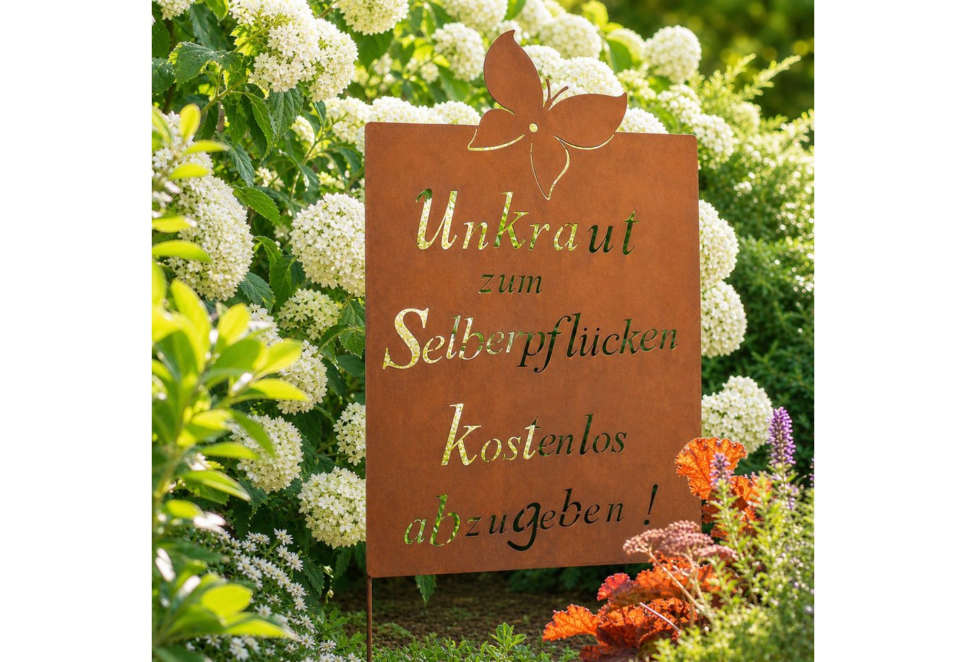 UNUS GARDEN Gartenstecker Roststecker Schild Spruch Unkraut (1-St., 66 x 43,5 cm (HxB) inkl. Streben ca. 99 cm lang) Unkraut zum Selberpflücken kostenlos abzugeben Bild 2