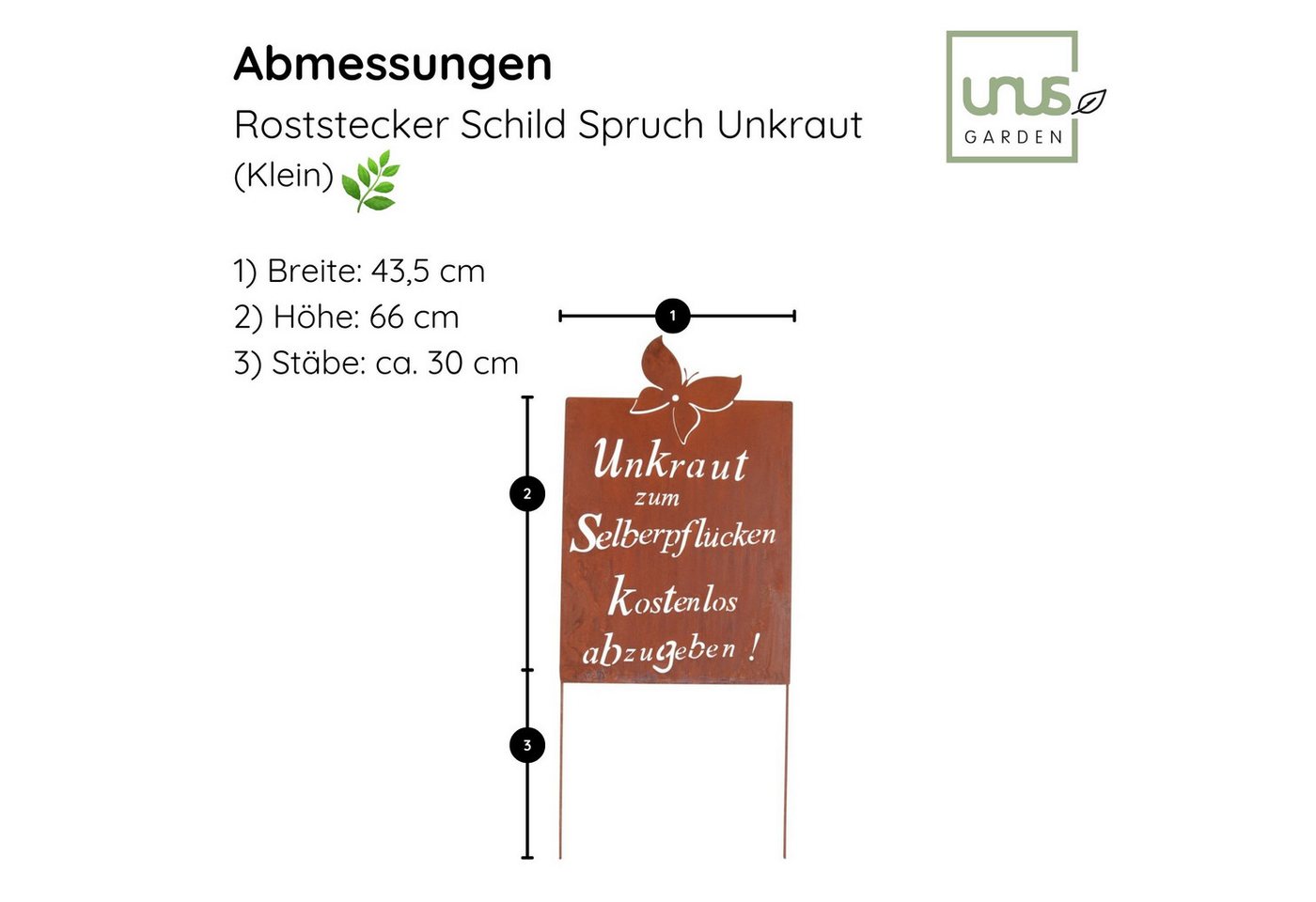 UNUS GARDEN Gartenstecker Roststecker Schild Spruch Unkraut (1-St., 66 x 43,5 cm (HxB) inkl. Streben ca. 99 cm lang) Unkraut zum Selberpflücken kostenlos abzugeben Bild 3