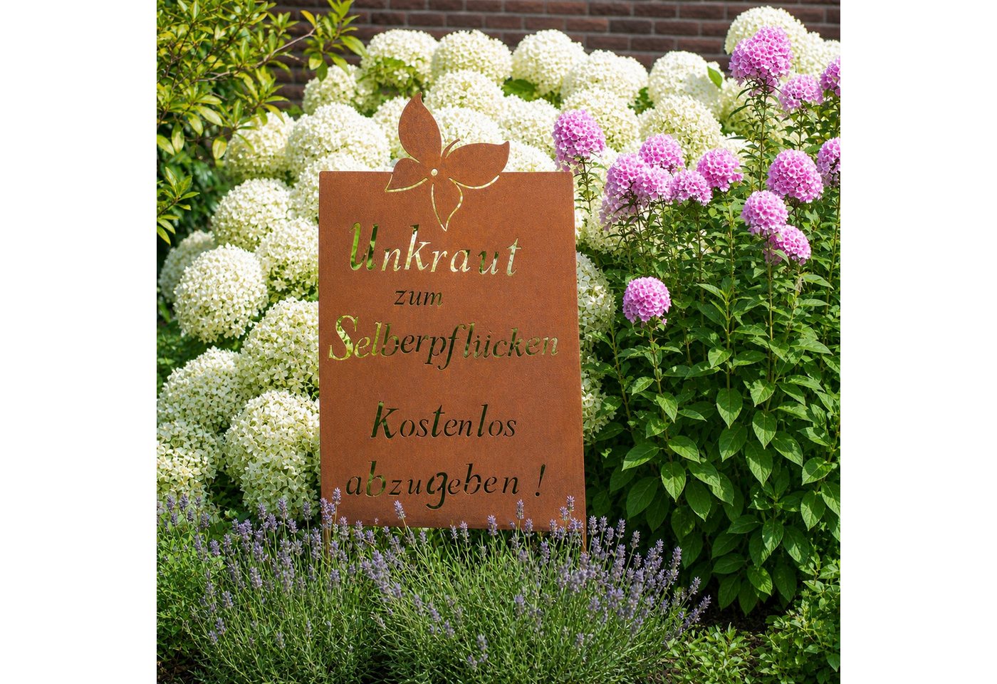 UNUS GARDEN Gartenstecker Roststecker Schild Spruch Unkraut (1-St., 66 x 43,5 cm (HxB) inkl. Streben ca. 99 cm lang) Unkraut zum Selberpflücken kostenlos abzugeben Bild 4