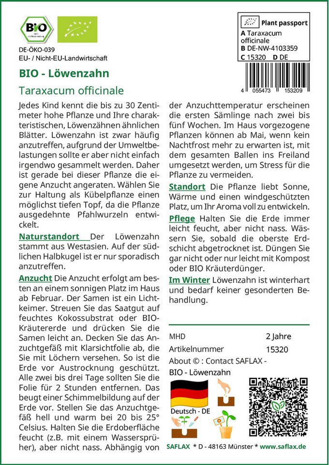 SAFLAX Kräutersamen SAFLAX - Samen und Substrat - BIO - Löwenzahn