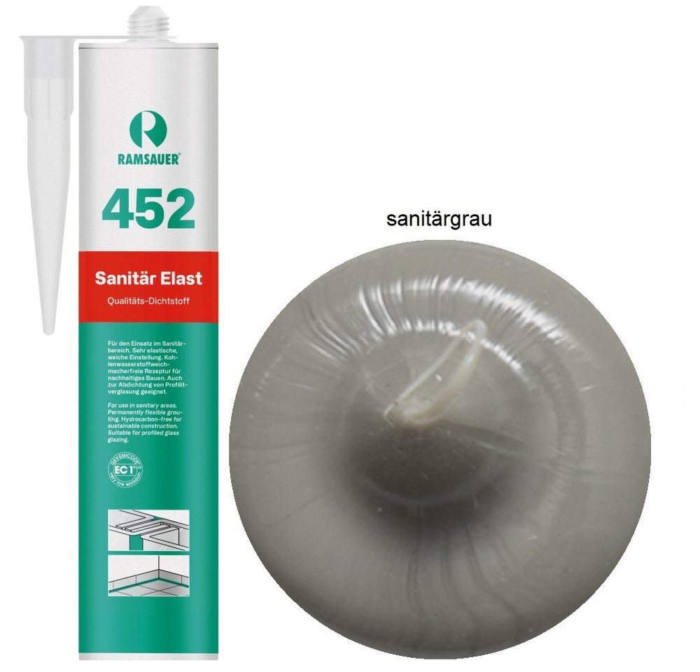 Ramsauer Dichtstoff Ramsauer 452 Sanitär Elast Silikon 310ml Kartusche Sanitärgrau, gebrauchsfertig, Gute Haftung auf glatten Oberflächen, Innen und Aussen Bild 3