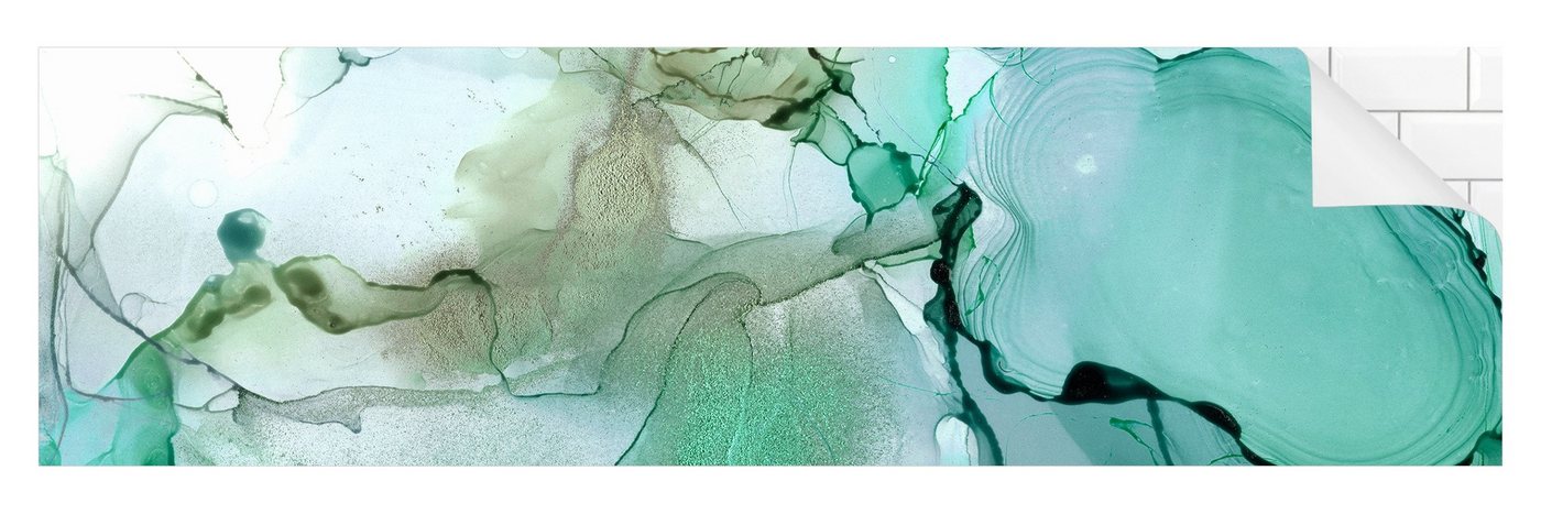 Bilderdepot24 Badrückwand türkis fugenlose Wandverkleidung Bad Abstrakt, (Hartfolie matt » Selbstklebend PREMIUM 0,61 mm), wasserfestes Wandpaneel Smaragdfarbener Sturm