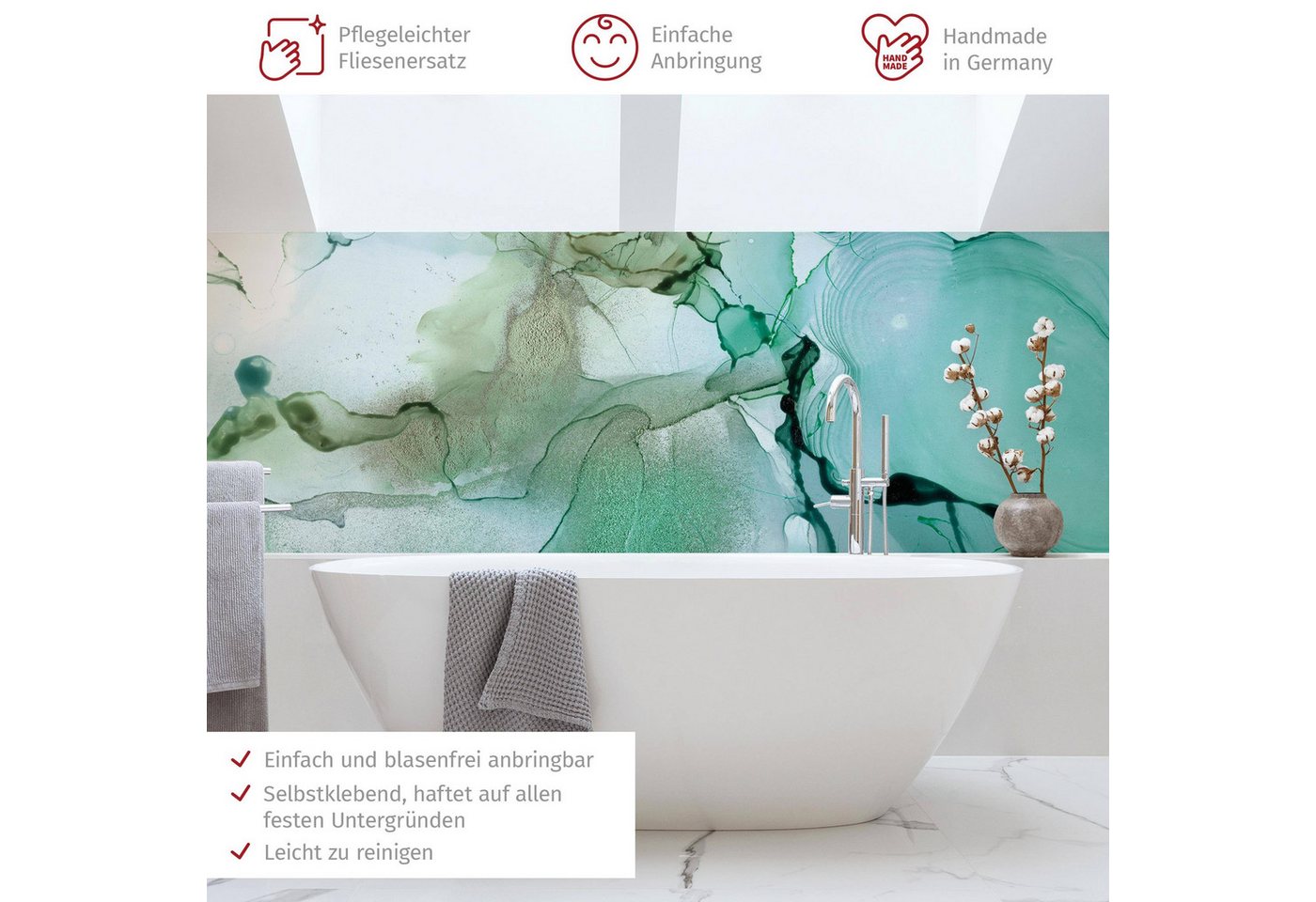 Bilderdepot24 Badrückwand türkis fugenlose Wandverkleidung Bad Abstrakt, (Hartfolie matt » Selbstklebend PREMIUM 0,61 mm), wasserfestes Wandpaneel Smaragdfarbener Sturm Bild 2