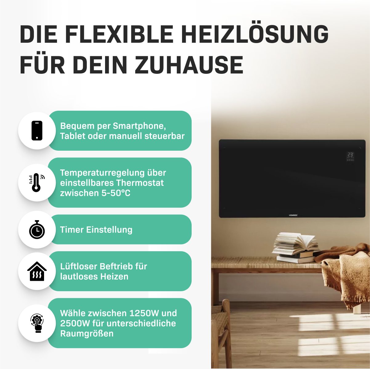 VONROC Heizkörper Elektroheizung in Varianten für 12 bis 30qm Räume, Elegante Konvektorheizung 2 stufig - Manuelle/App Steuerung Bild 5