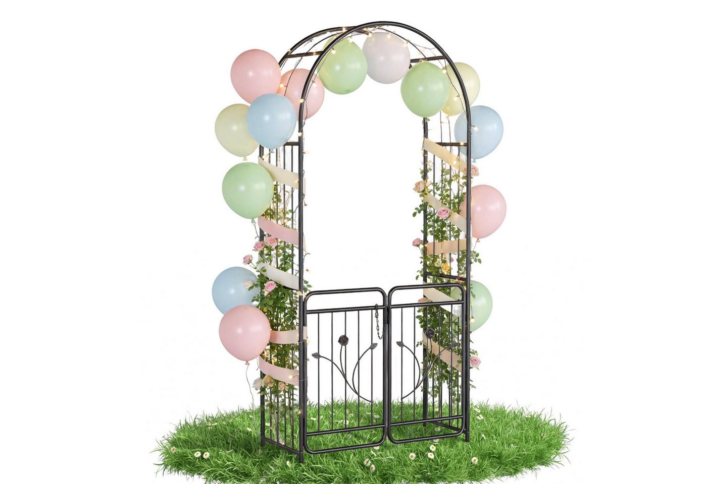 FIVMEN Rosenbogen Gartenbogen Torbogen Metall Rankgitter Rosenbögen mit Tür, Rankgitter Garten Rosenhilfe für Rosen und Kletterpflanzen, Schwarz Bild 3