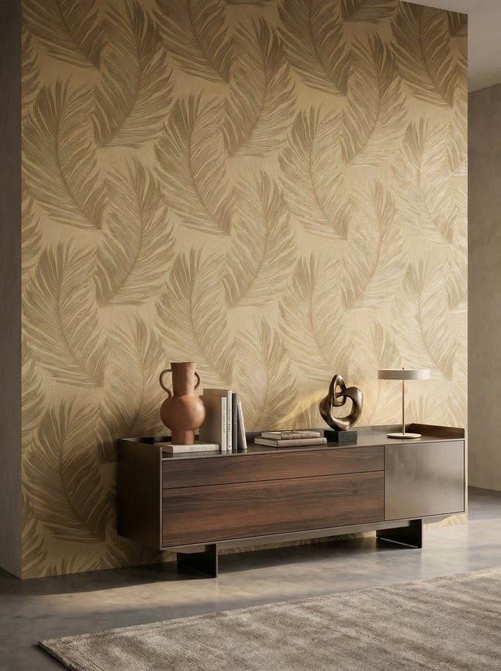 Newroom Vliestapete Corven Gold Tapete Mustertapete Dschungel, Palmen, Blätter, strukturiert, Blumentapete